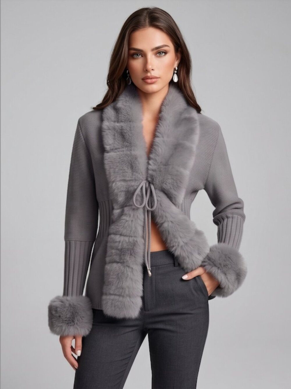 Luxe Faux Fur Trim Knit Cardigan Sweater with Tie Front in Heather Dark Grey